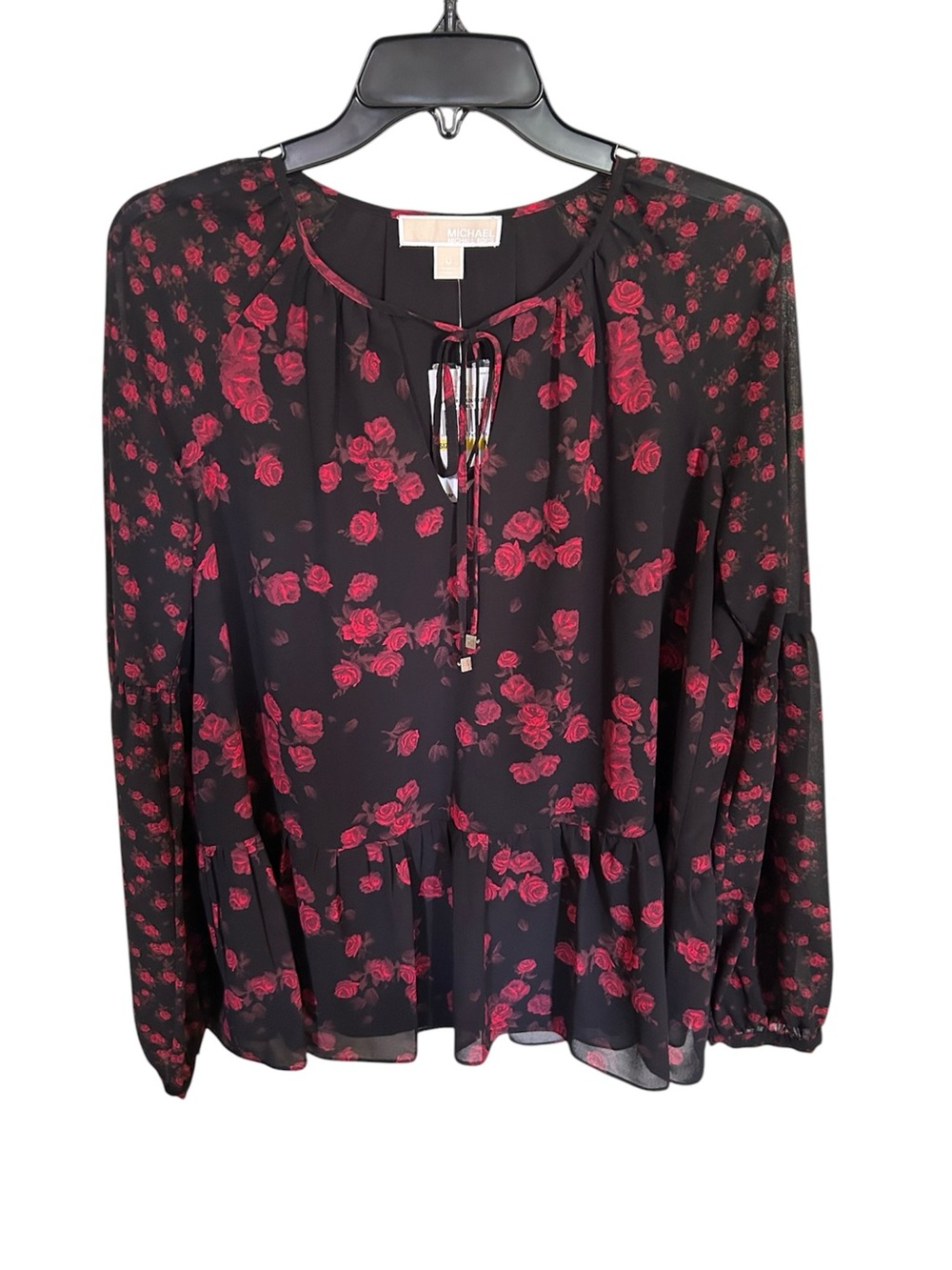 NWT Michael Kors Black Floral Peasant Blouse Women’s Sheer Long Sleeve  Medium